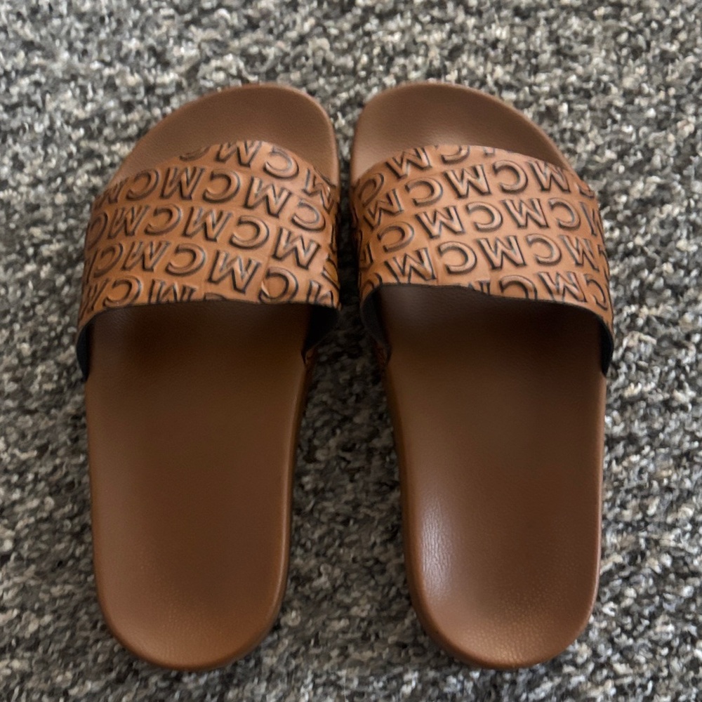 MCM Tan Slides with Logo Pattern